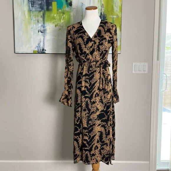 PAIGE Silk Black Brown Midi Dress NWT Sz M - Picture 1 of 7